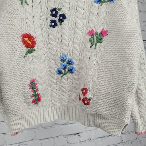 Boden Beige Wool Cotton Blend Embroidered Flowers Cable Knit Sweater Girls 6-7Y - Picture 6 of 12
